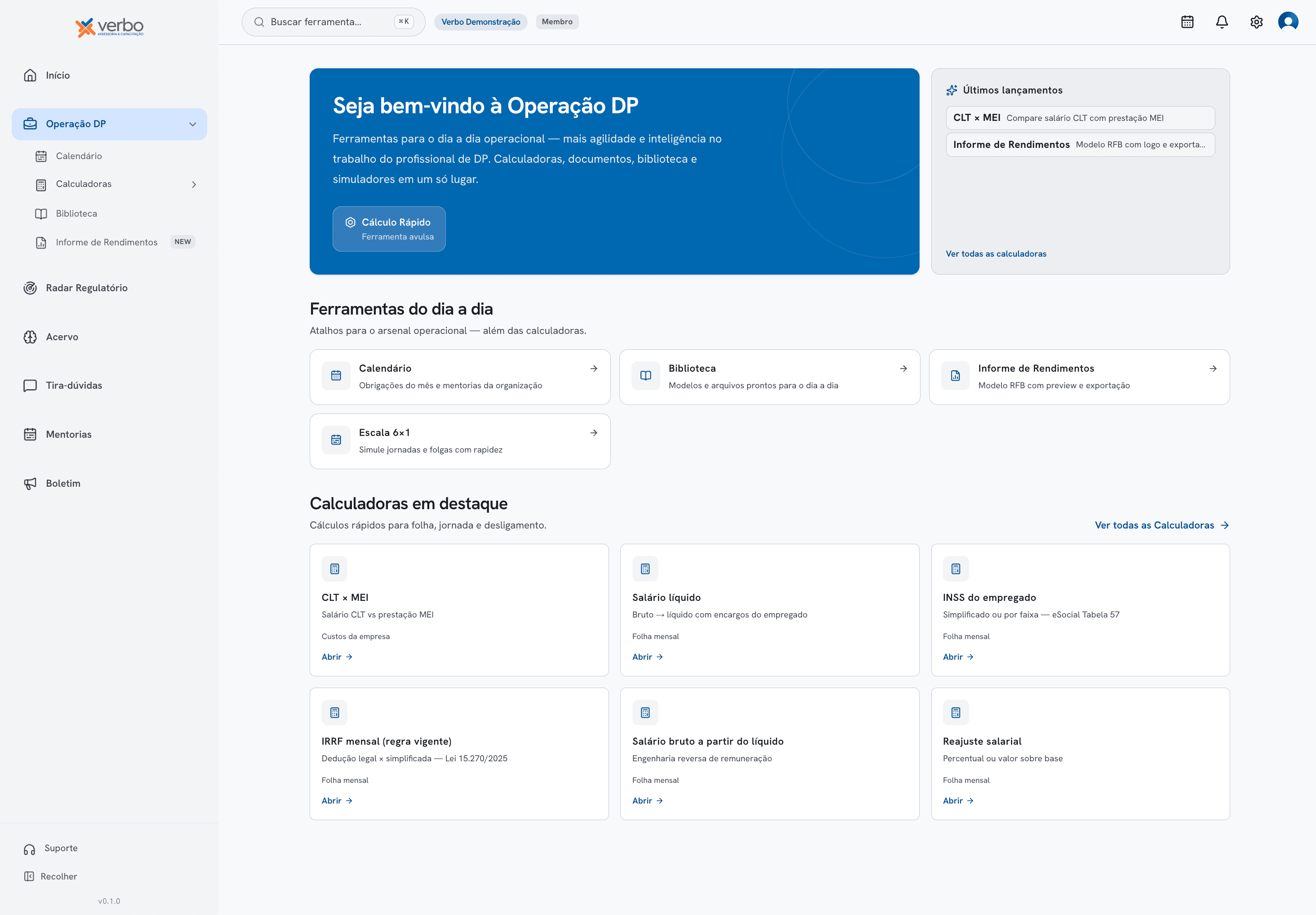 Tela de Operação DP no Verbo App: atalhos, lançamentos e calculadoras em destaque